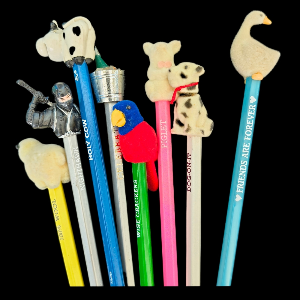 🎒 Vtg. Novelty Pencil Lot - Colorful Flocked Fuzzy Animals & Figure Toppers